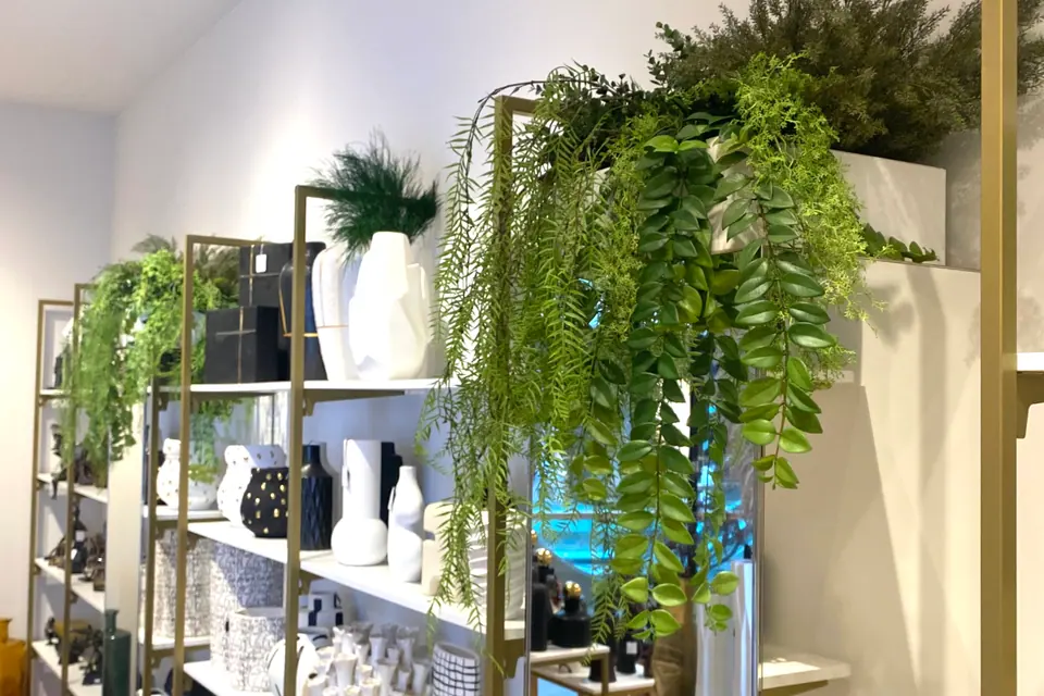 Artificial plants on shelving