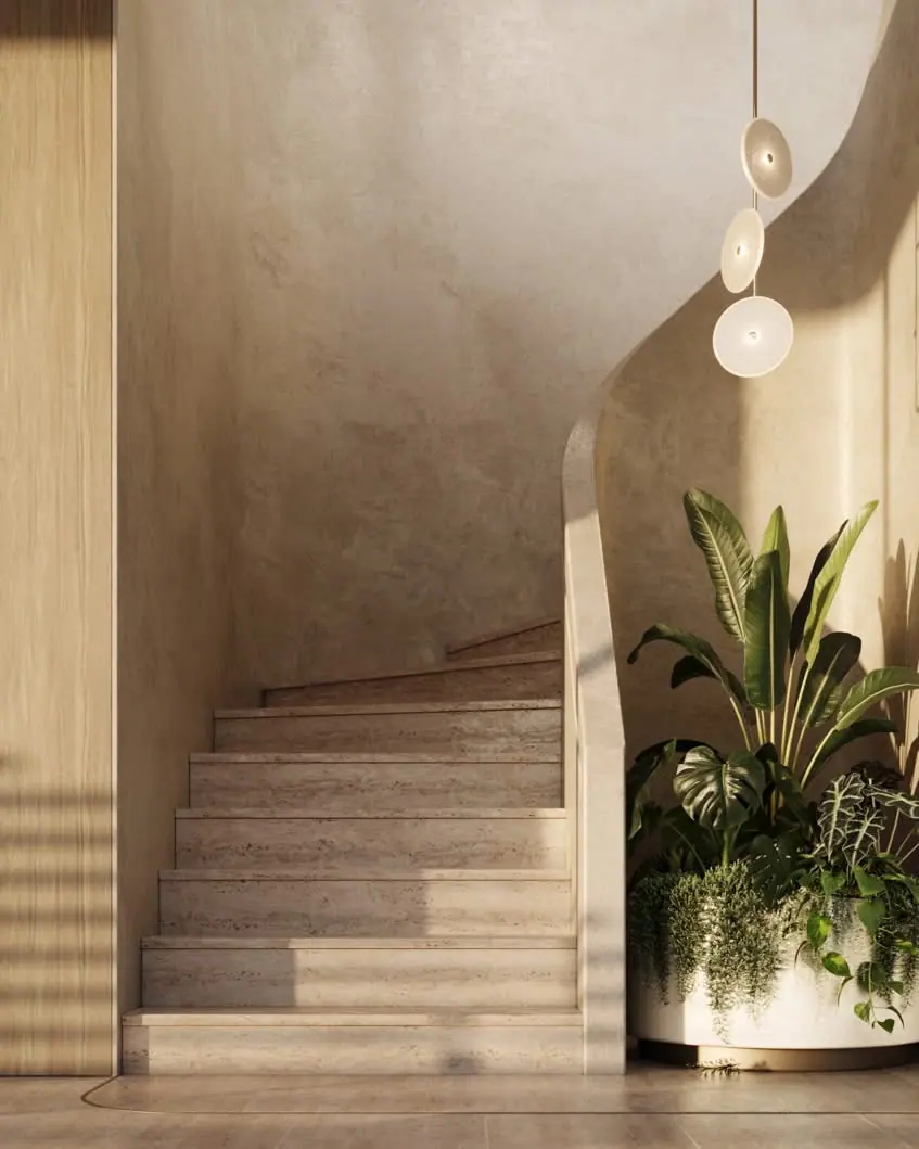 Live plants by a staircase