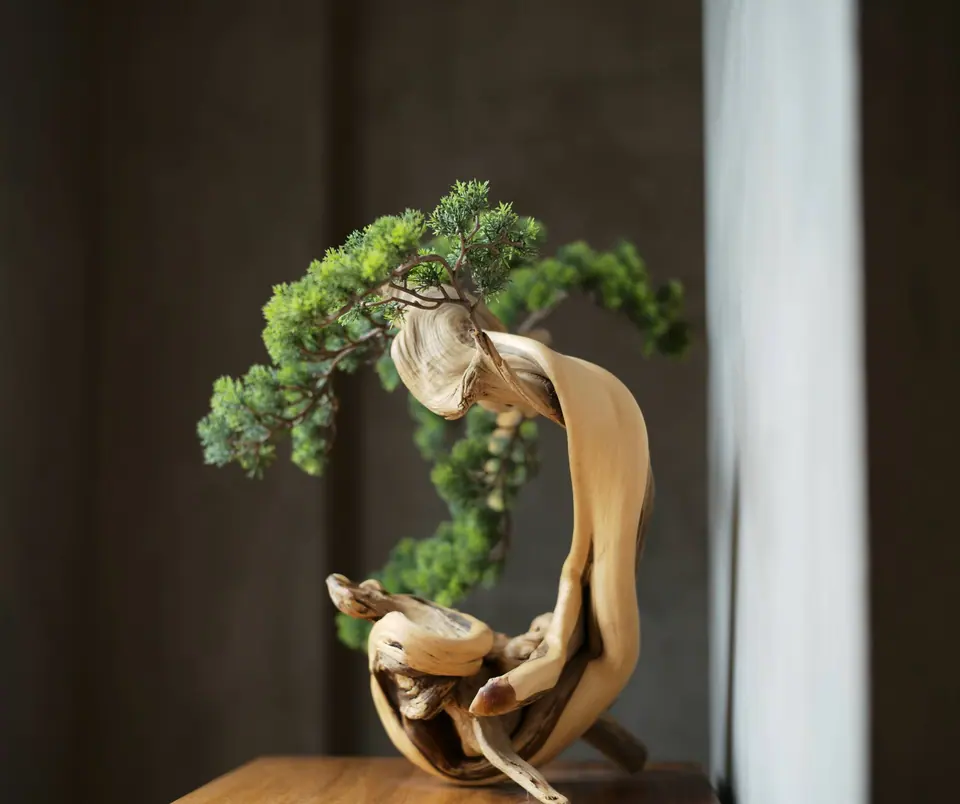 Dirbtinis bonsai ant medinės skulptūros